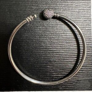 Vintage Pandora 925 Sterling Silver Pink Heart Clasp Bangle Bracelet